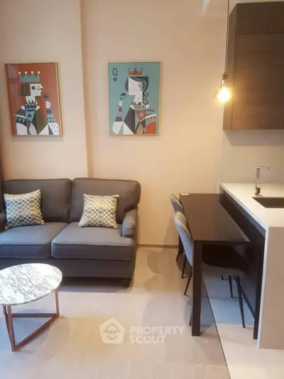 Modern living room with stylish decor and cozy seating area
