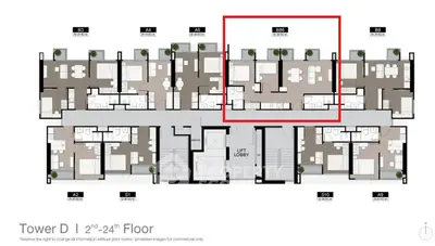 Floor plan of Tower D showcasing 2nd to 24th floor layout with highlighted unit.