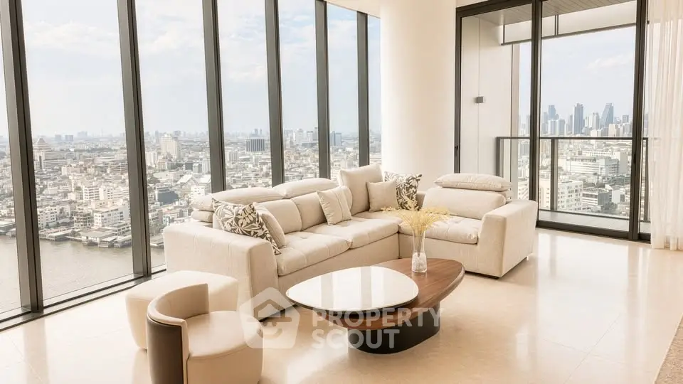 Luxurious living room with panoramic city views and elegant furnishings