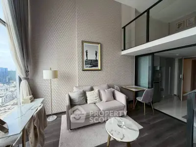 Luxurious modern living room with mezzanine and stunning city view