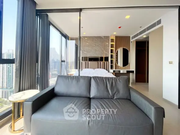 Luxurious modern bedroom with panoramic city view and stylish decor
