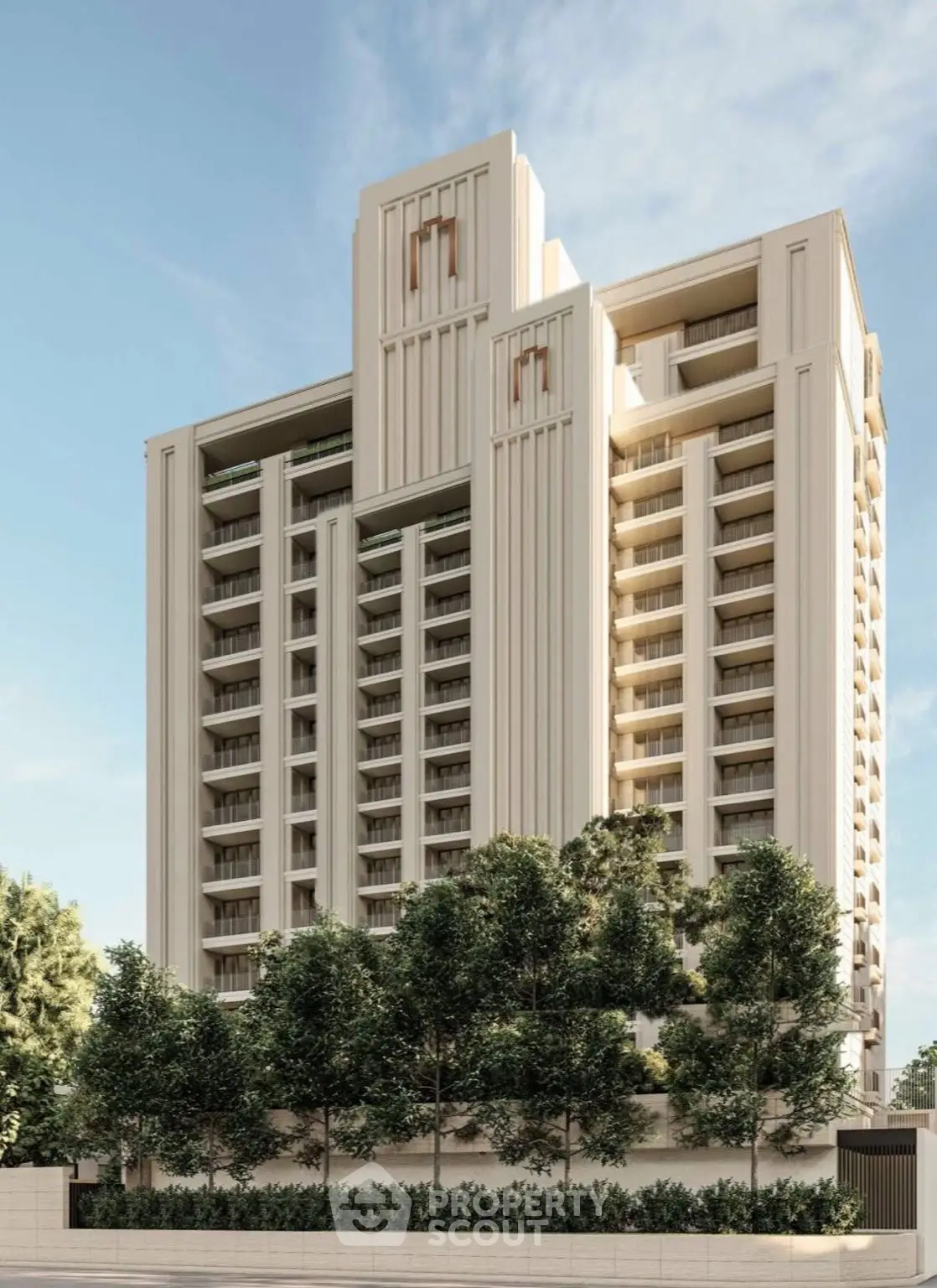 Stunning modern high-rise building with elegant architectural design and lush greenery.