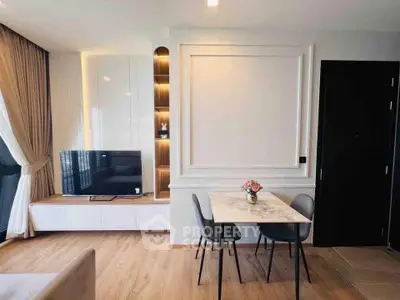 Modern living room with elegant dining area and stylish decor
