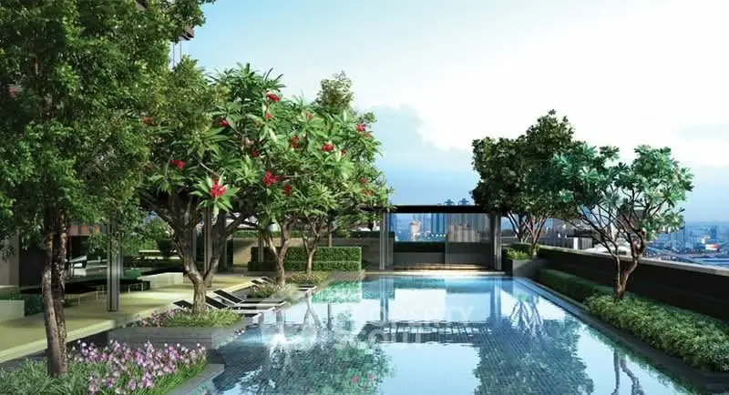 Luxurious rooftop pool with lush greenery and stunning city views