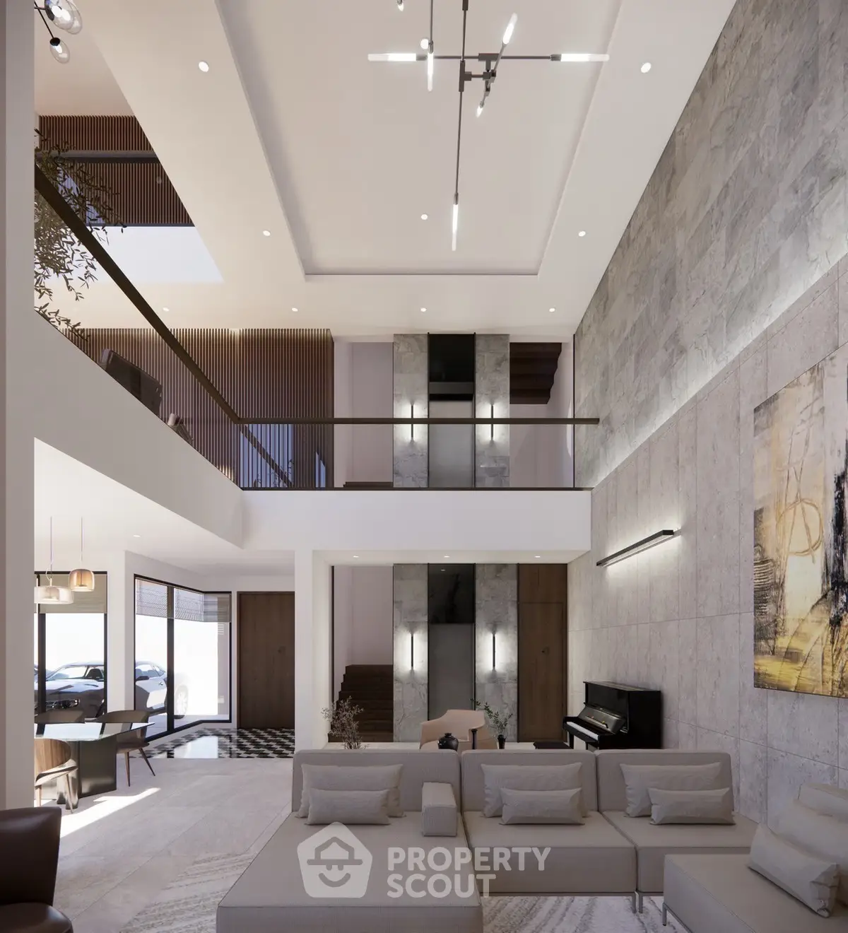 Luxurious modern living room with high ceilings and elegant decor