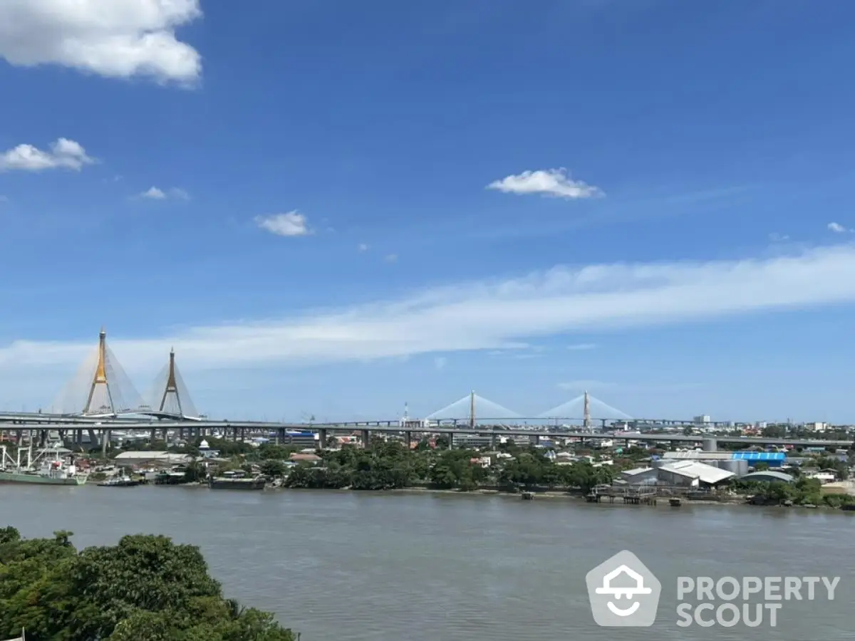 Stunning river view with iconic bridge and cityscape under clear blue sky