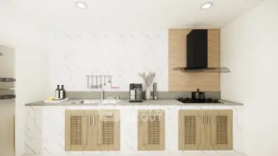 Modern kitchen with sleek design, featuring gas stove and minimalist decor
