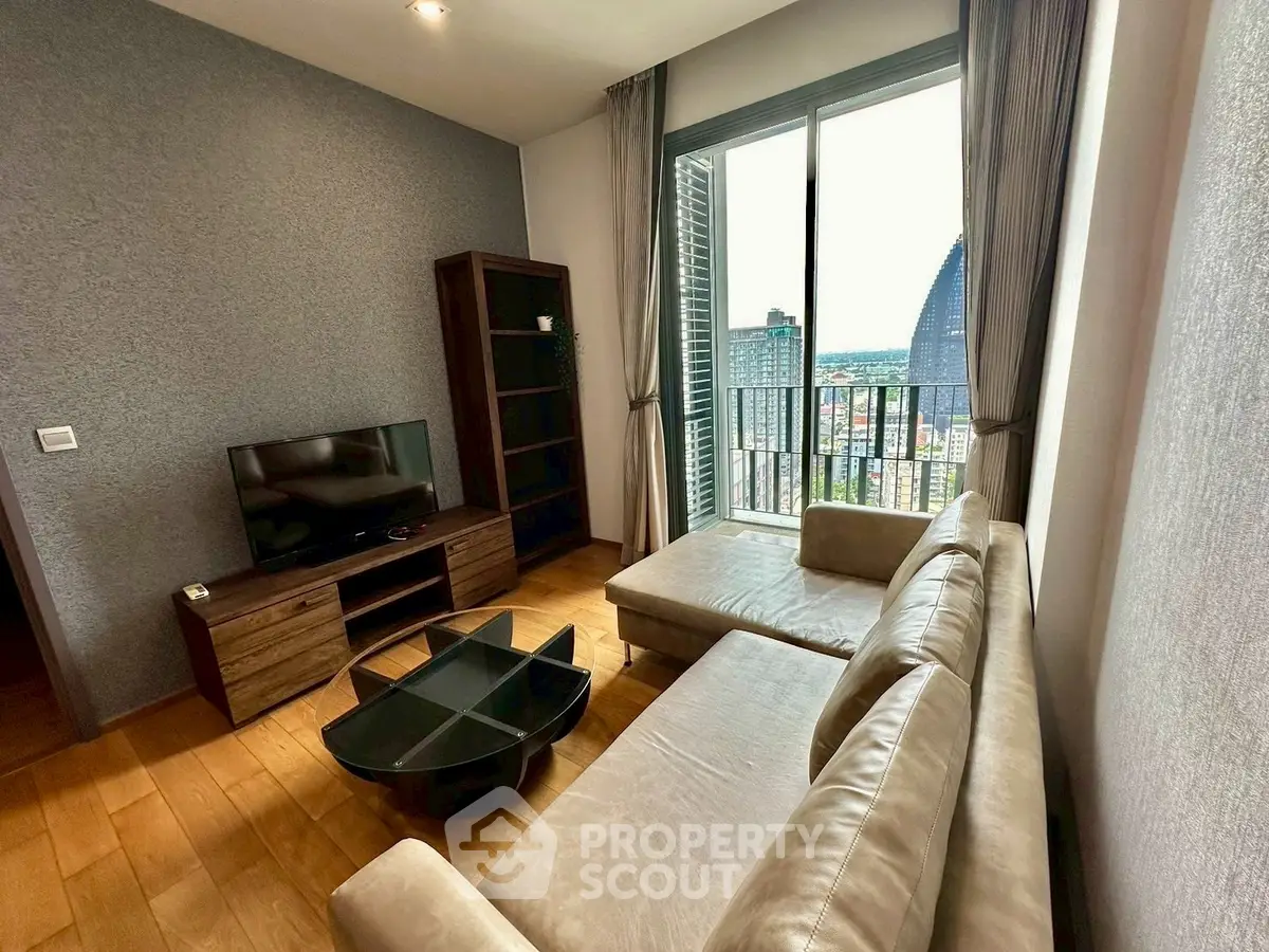 Modern living room with city view and stylish furniture