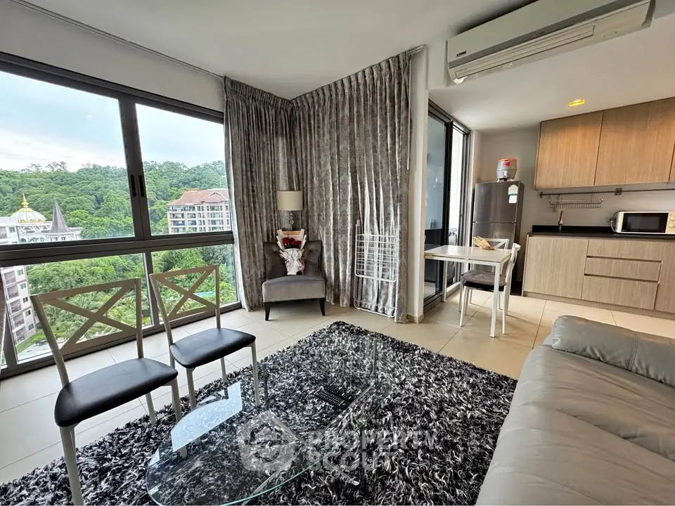 Modern living room with panoramic view, stylish furniture, and open kitchen layout in a high-rise apartment.