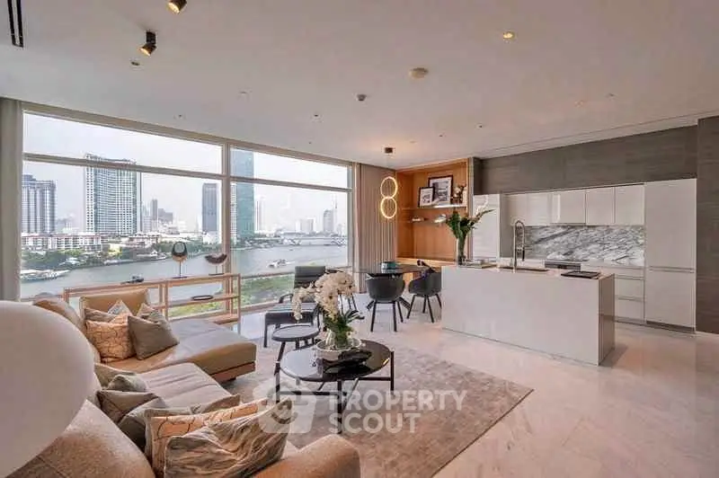 Luxurious open-plan living room with stunning city view and modern kitchen.