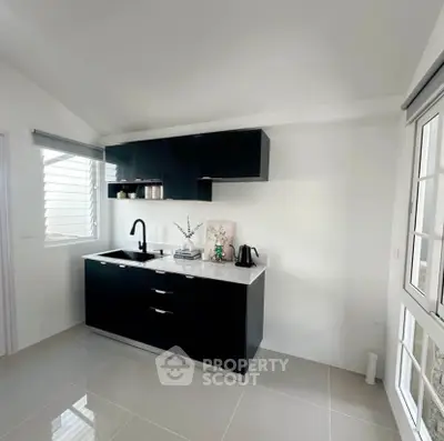 Modern minimalist kitchen with sleek black cabinets and natural light