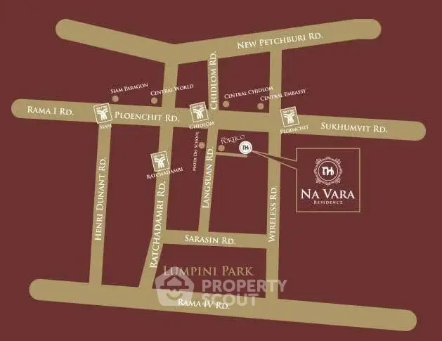 Map showing location of Na Vara Residence near Lumpini Park in Bangkok.