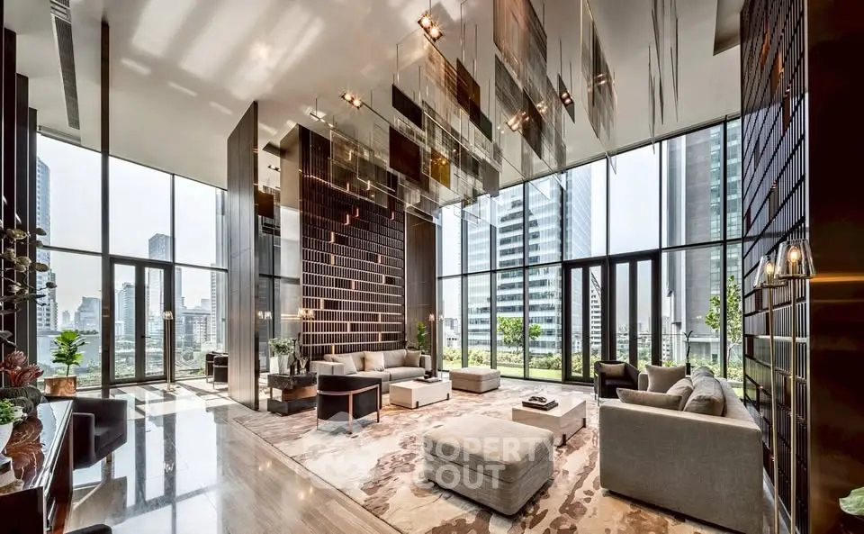 Luxurious modern living room with floor-to-ceiling windows and stunning city views.