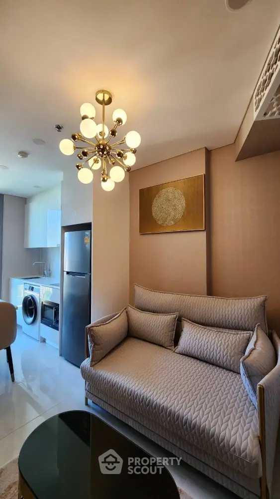 Modern living room with elegant lighting and cozy sofa in stylish apartment
