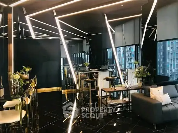 Luxurious modern living room with sleek design and panoramic city views.