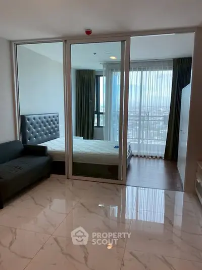 Modern apartment with marble flooring and spacious bedroom view