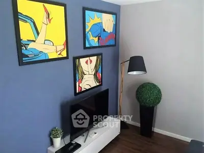 Stylish living room with pop art decor and modern furnishings