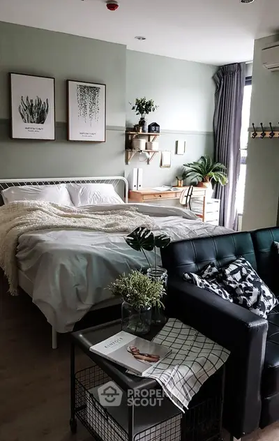 Stylish modern bedroom with cozy decor and natural light