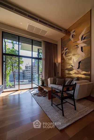 Luxurious living room with floor-to-ceiling windows and elegant bird mural