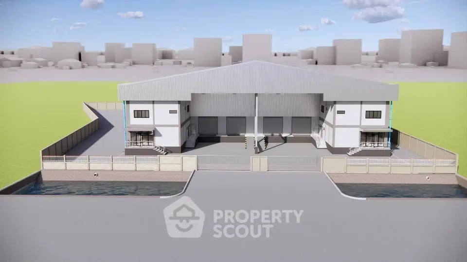 Modern warehouse exterior with spacious loading docks and secure fencing