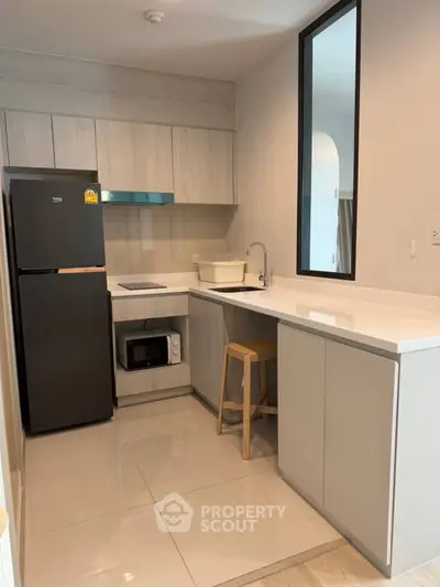 Modern kitchen with sleek cabinetry and appliances in a compact layout