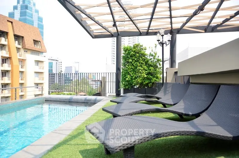 Luxurious rooftop pool area with stylish lounge chairs and city views.