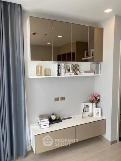 Stylish modern living room with elegant shelving and decor