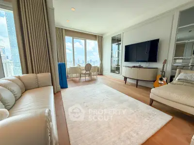 Luxurious living room with stunning city view, elegant furniture, and modern decor in high-rise apartment.