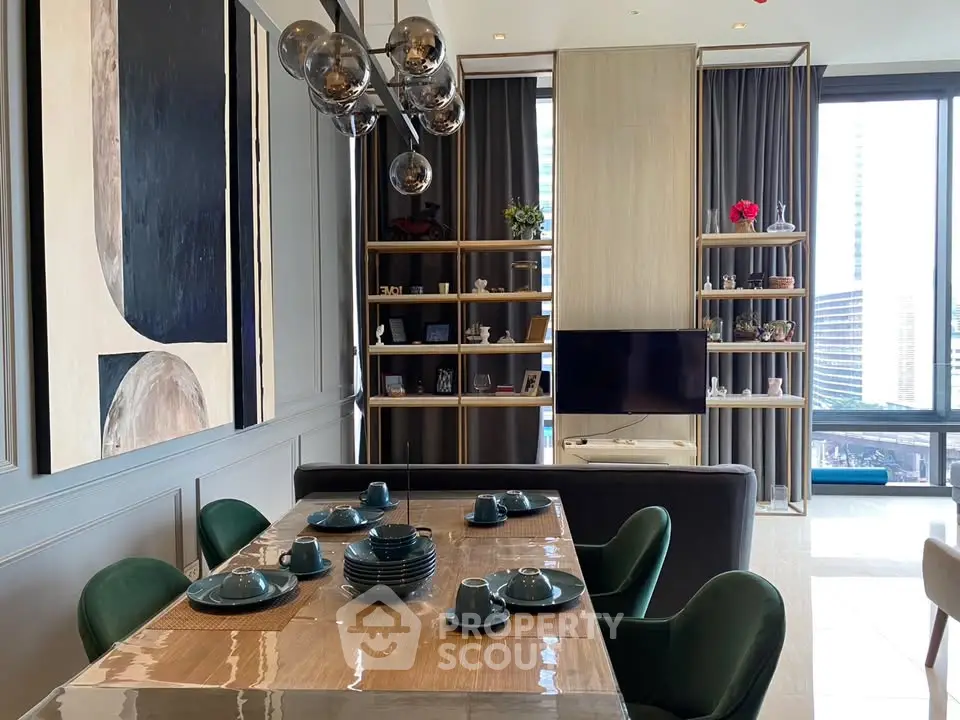 Luxurious modern living room with elegant dining setup and stylish decor