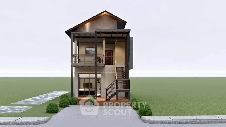 Modern two-story house with sleek design and spacious balcony, perfect for contemporary living.