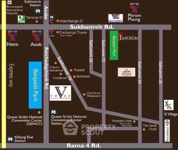 Map showing Sukhumvit area with landmarks and transportation routes.