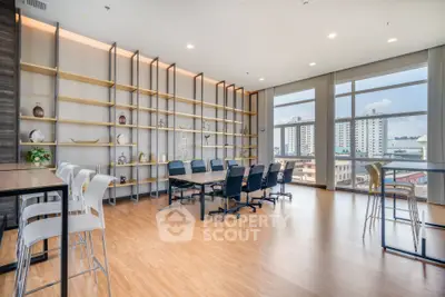 Modern conference room with large windows and city view
