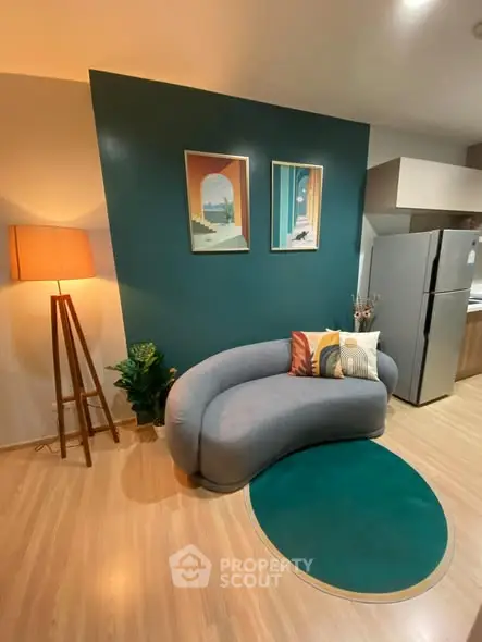 Stylish modern living room with unique curved sofa and vibrant decor
