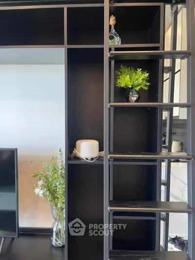 Modern interior with sleek black shelving and decorative plants, showcasing stylish home design.