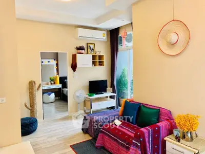 Charming living room with colorful decor and natural light