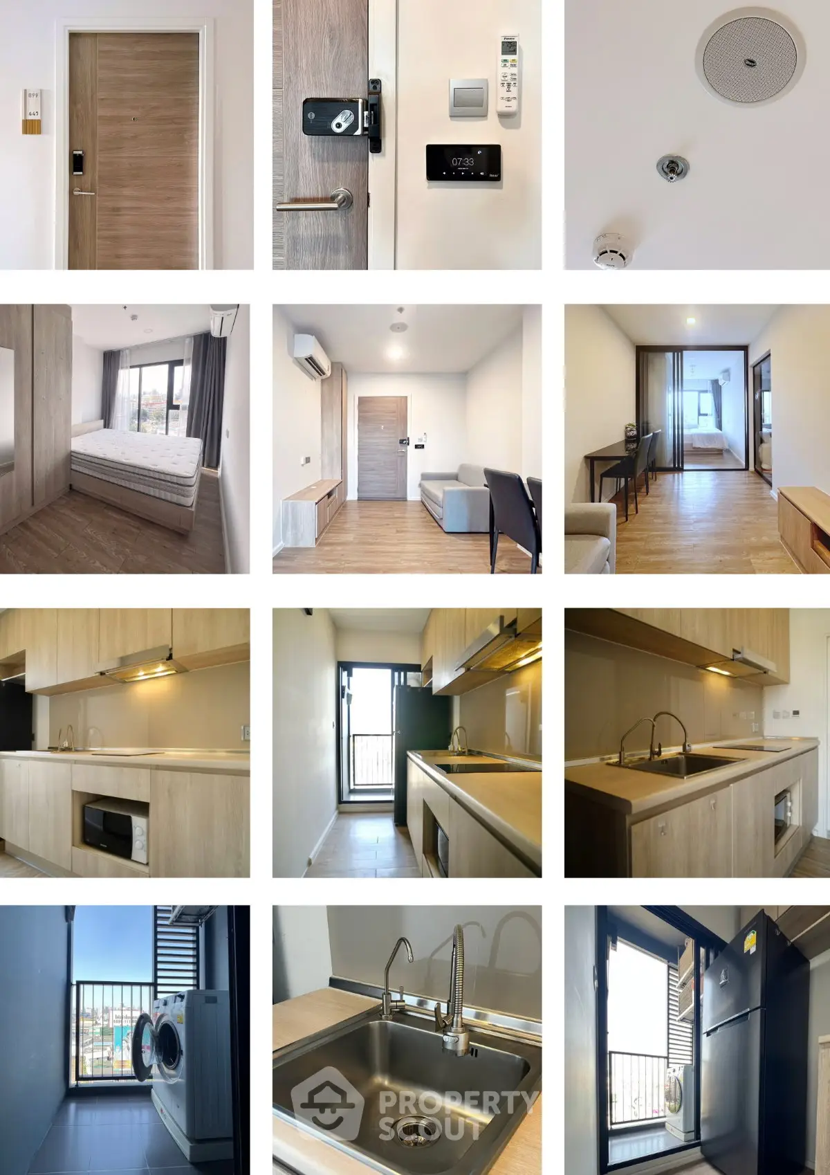 Modern apartment interior with sleek kitchen, cozy bedroom, and stylish living area, featuring contemporary design and amenities.