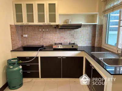 Modern kitchen with gas stove and sleek cabinetry in a cozy home setting.