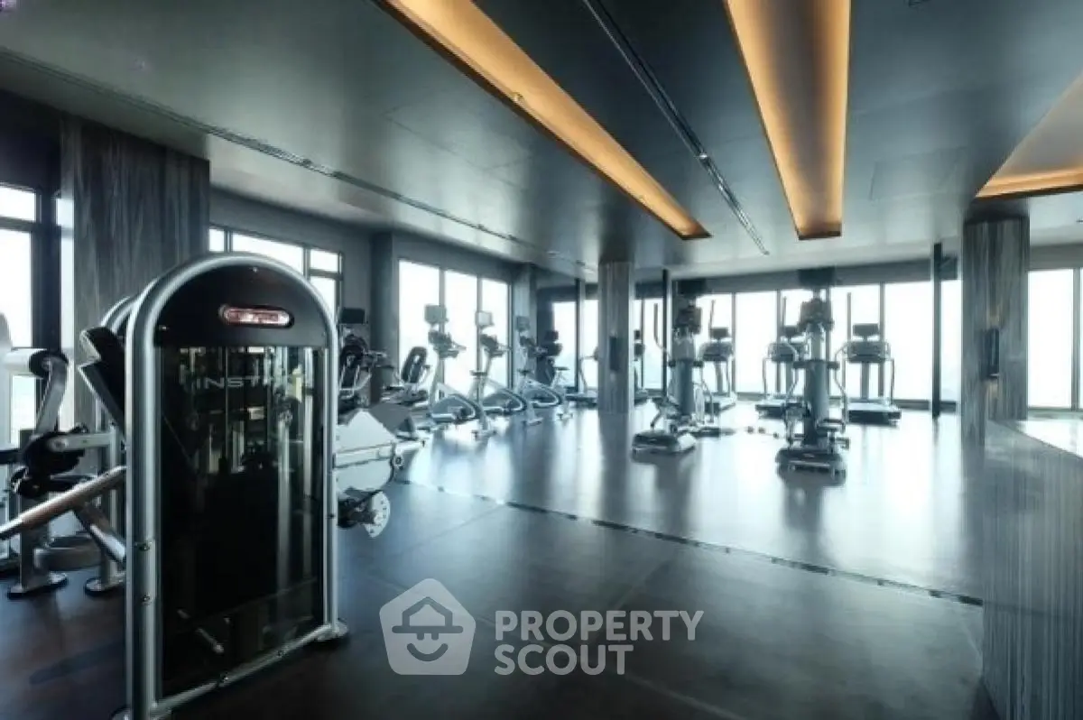Luxurious high-rise gym with modern fitness equipment and panoramic city views.