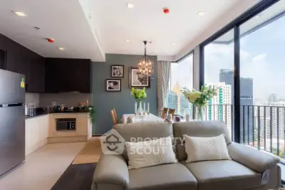 Luxurious open-plan living room with stunning city view and elegant dining area.