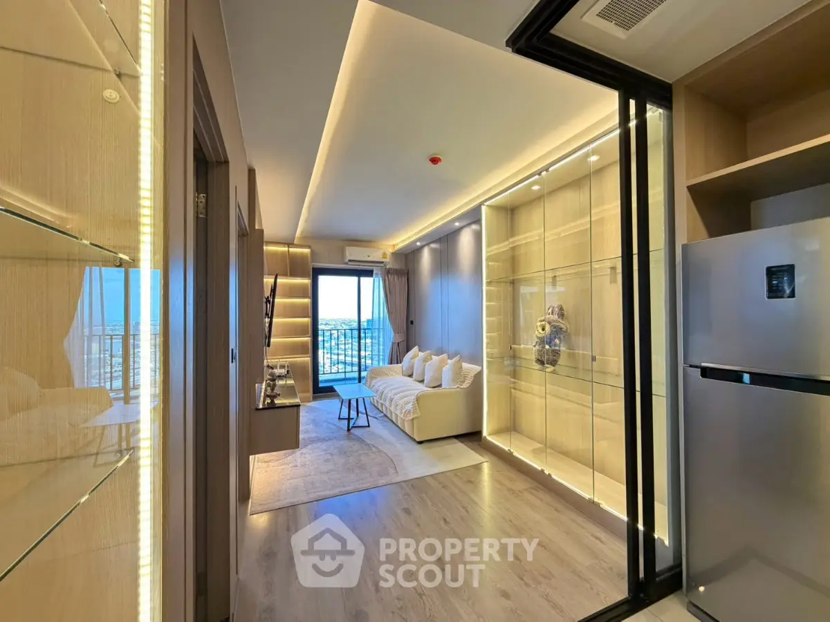Luxurious modern living room with stunning city view and elegant decor