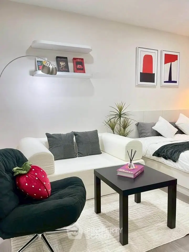 Modern living room with stylish decor and cozy seating area