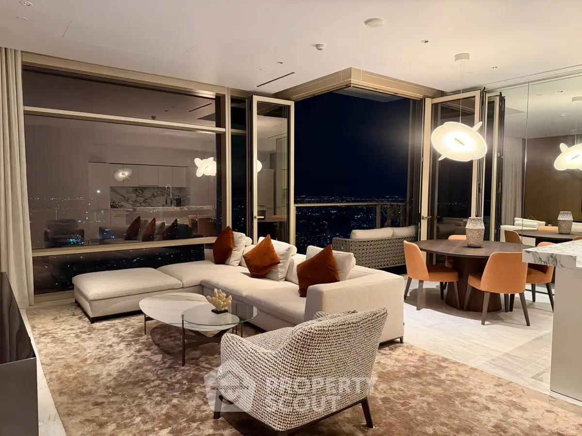 Luxurious modern living room with stunning city night view, elegant furniture, and ambient lighting.
