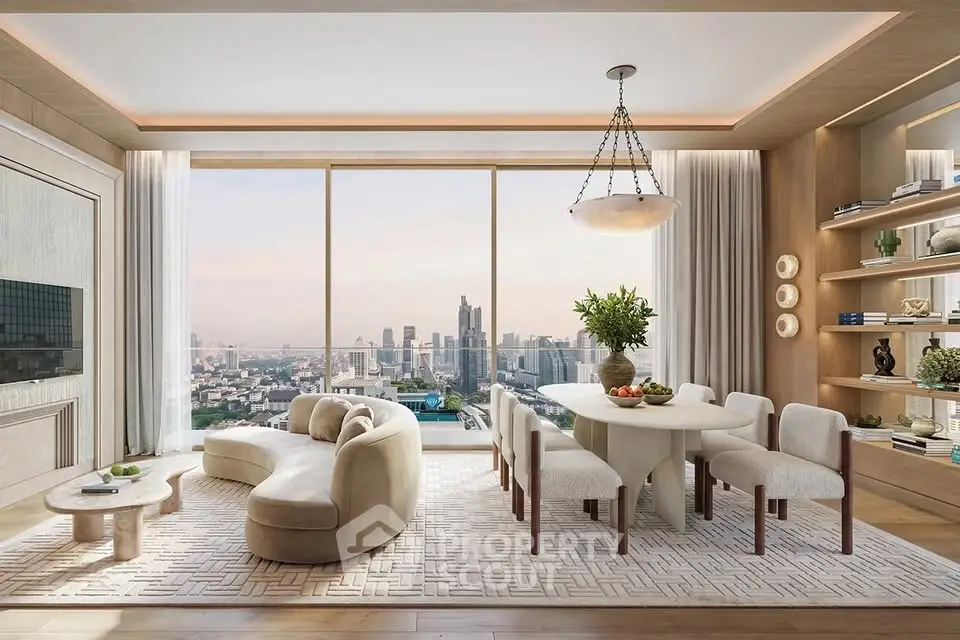Luxurious living room with panoramic city view, elegant furniture, and modern decor.