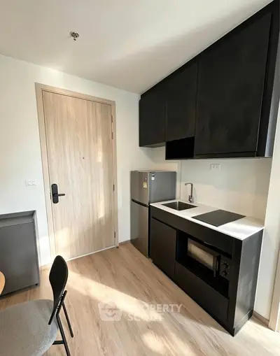 Modern compact kitchen with sleek black cabinets and integrated appliances in a stylish apartment.