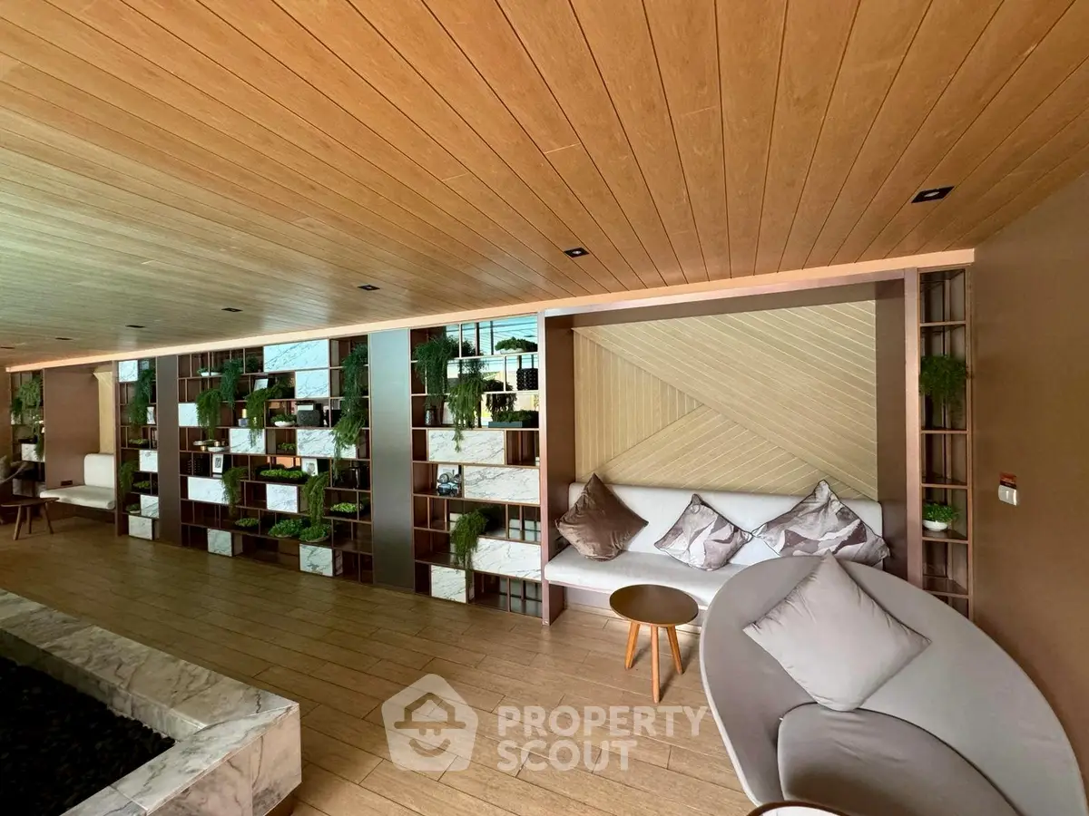 Luxurious modern living room with stylish decor and wooden accents