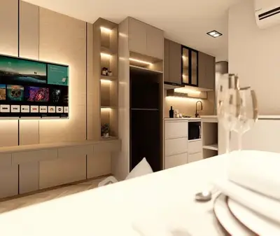 Modern kitchen with sleek cabinetry and integrated appliances in a stylish apartment.