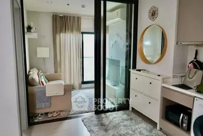 Modern apartment living room with cozy sofa and stylish decor