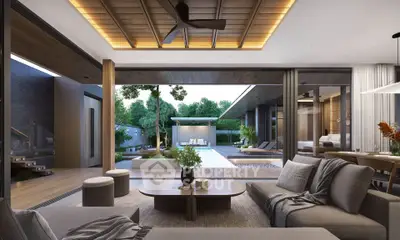 Luxurious open-plan living room with pool view and modern decor