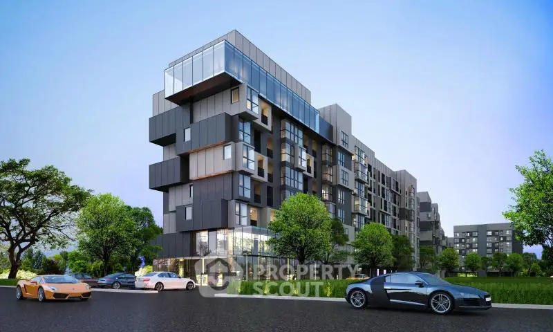 Modern architectural building with sleek design and luxury cars in front, surrounded by greenery.