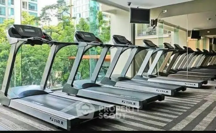 Modern gym with multiple treadmills and large windows offering a green view.